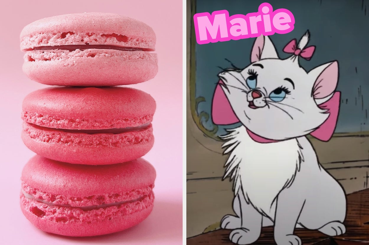 On the left, a stack of macarons, and on the right, Marie from The Aristocats