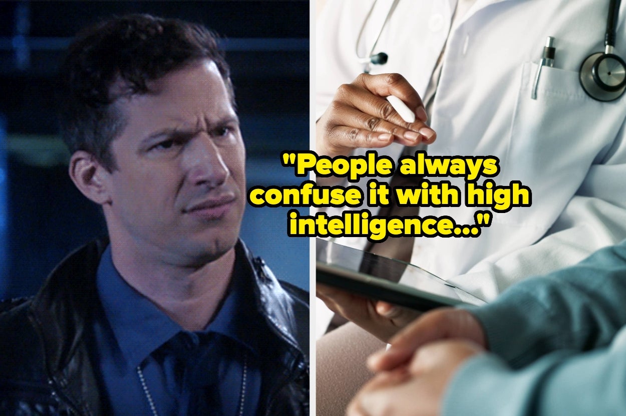 Split image: on left, person in a leather jacket looks confused; on right, doctor holds a tablet, quote reads, "People always confuse it with high intelligence..."