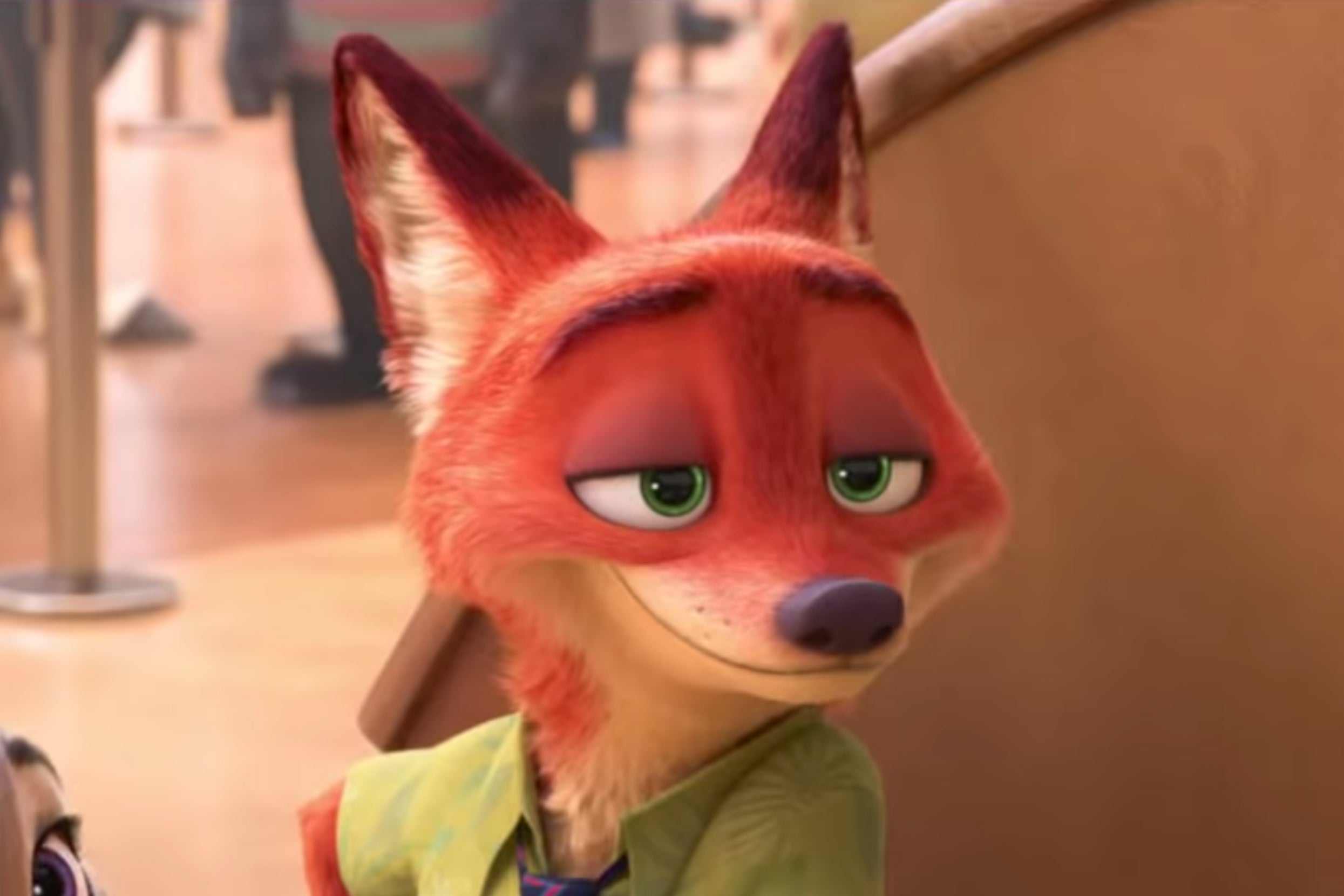 Nick Wilde from Zootopia with a sly expression wearing a collared shirt, standing indoors