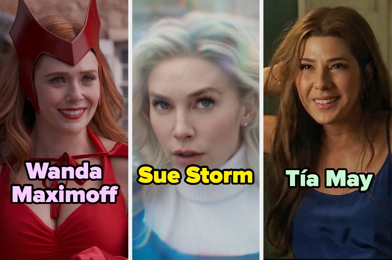 Tres personajes: Wanda con diadema, Sue con cabello rubio y suéter, y Tía May sonriente con blusa sin mangas