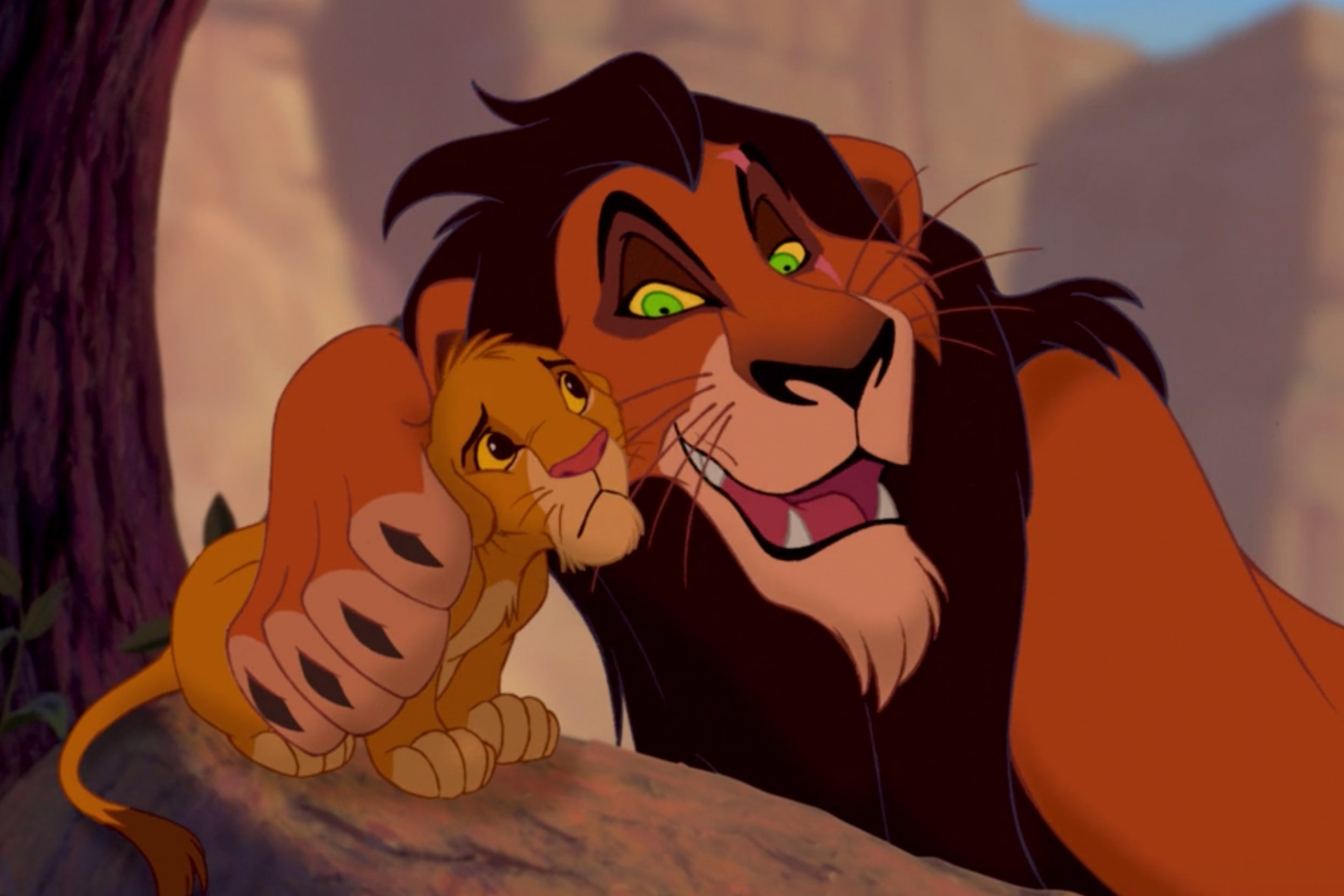 Scar from The Lion King wrapping a paw around a worried Simba
