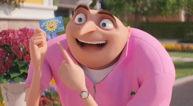 Personaje animado sonríe y apunta a un cupón de atracciones, con un fondo de flores y casas
