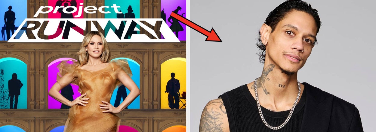 Two individuals: one in a glamorous gown from a "Project Runway" photo, and another in casual attire with a sleeveless top and tattoos