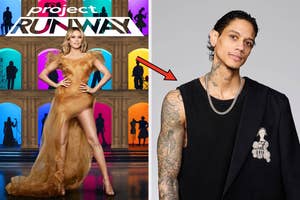 Two individuals: one in a glamorous gown from a "Project Runway" photo, and another in casual attire with a sleeveless top and tattoos