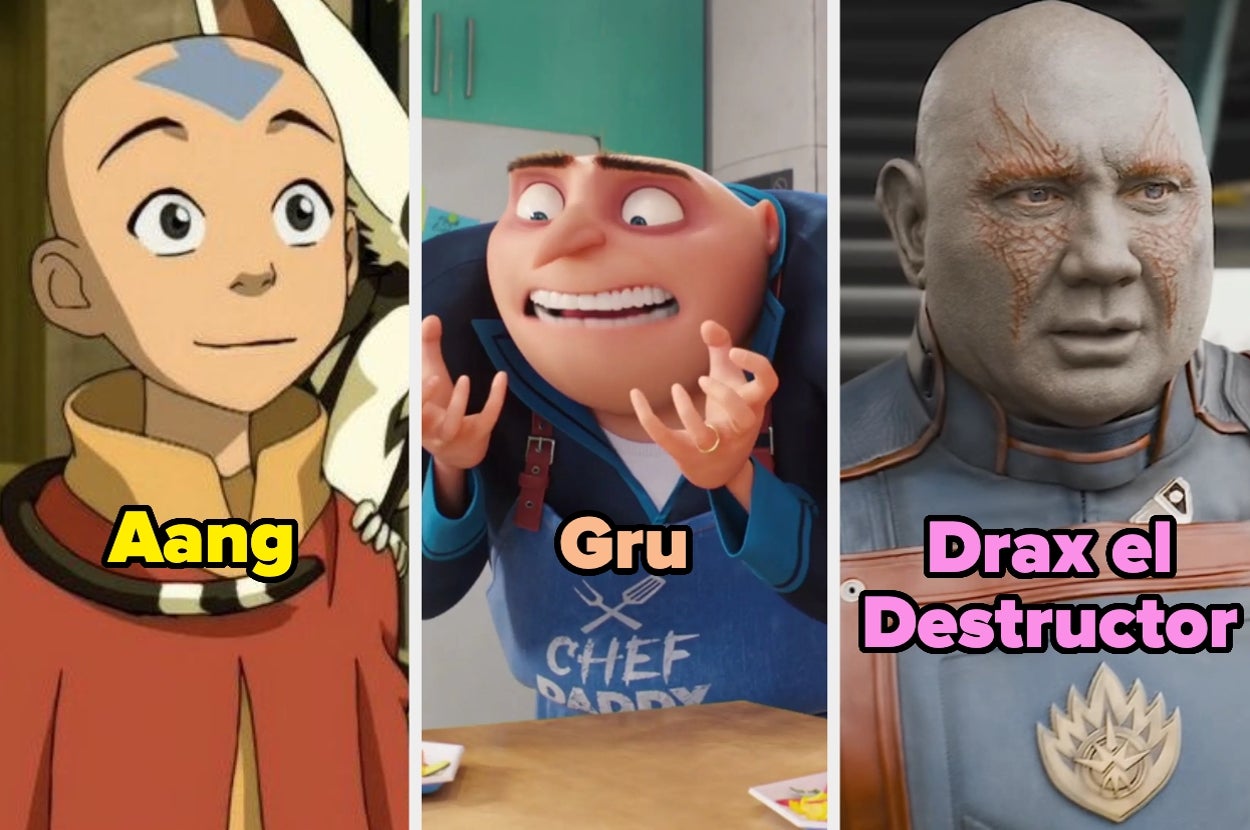 Aang, Gru y Drax el Destructor aparecen en un collage. Aang viste túnica; Gru tiene un delantal de chef; Drax lleva armadura futurista