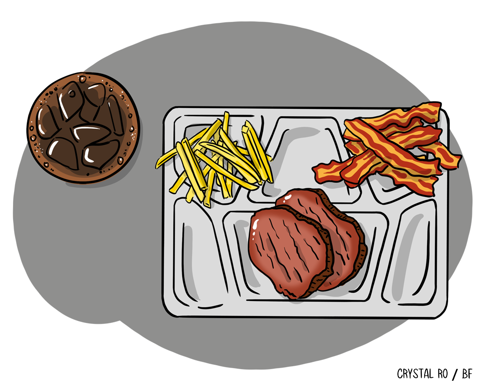 Tray with a steak, bacon strips, fries, and a drink with ice alongside