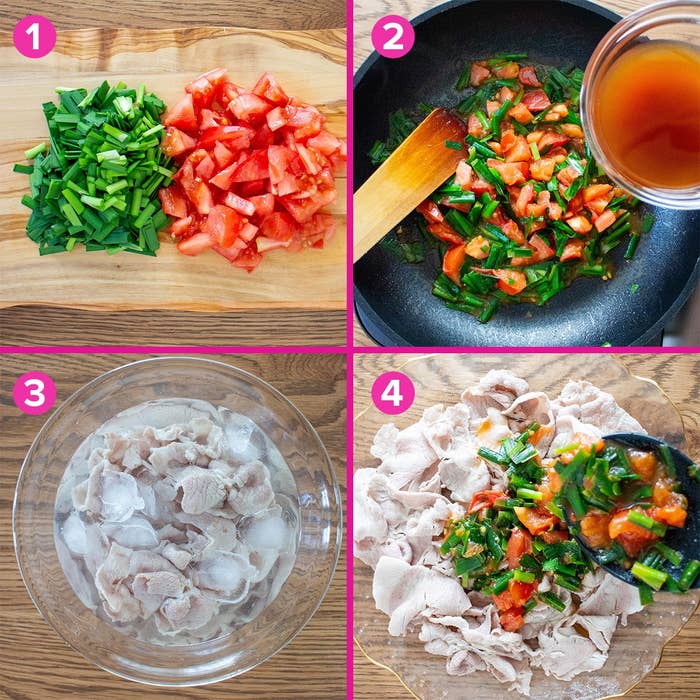 調理手順を示す4枚の画像。1. トマトと野菜を刻む。2. フライパンで炒める。3. 肉を茹でる。4. 全ての具材を組み合わせる。