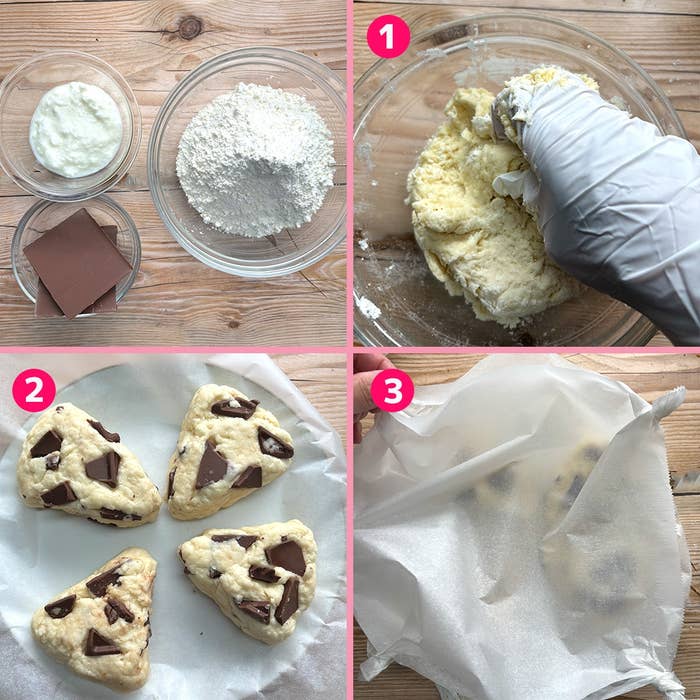 1. 材料を混ぜる。2. 用意した生地にチョコをのせる。3. 焼く前に生地を紙で包む。