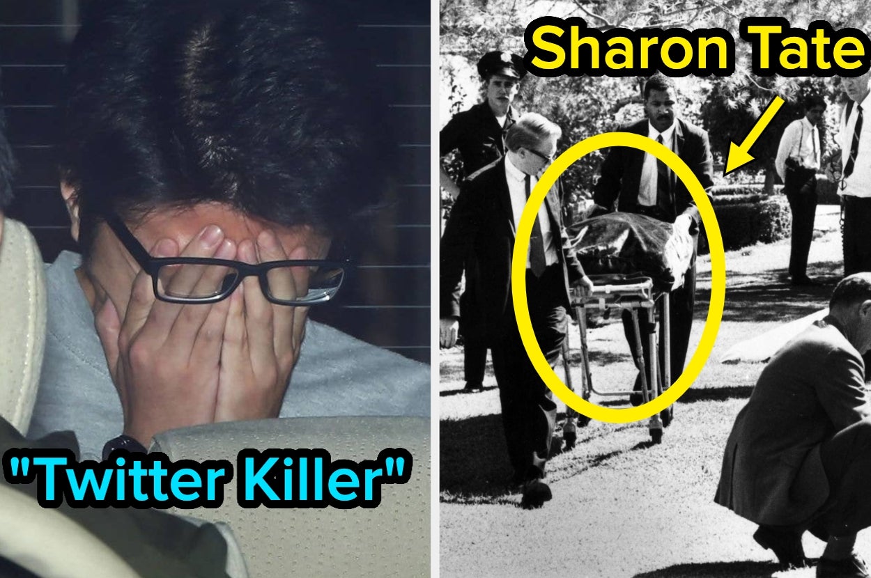 Left image: Person with hands over face, labeled "Twitter Killer." Right image: Black and white photo of people carrying a stretcher, labeled "Sharon Tate."