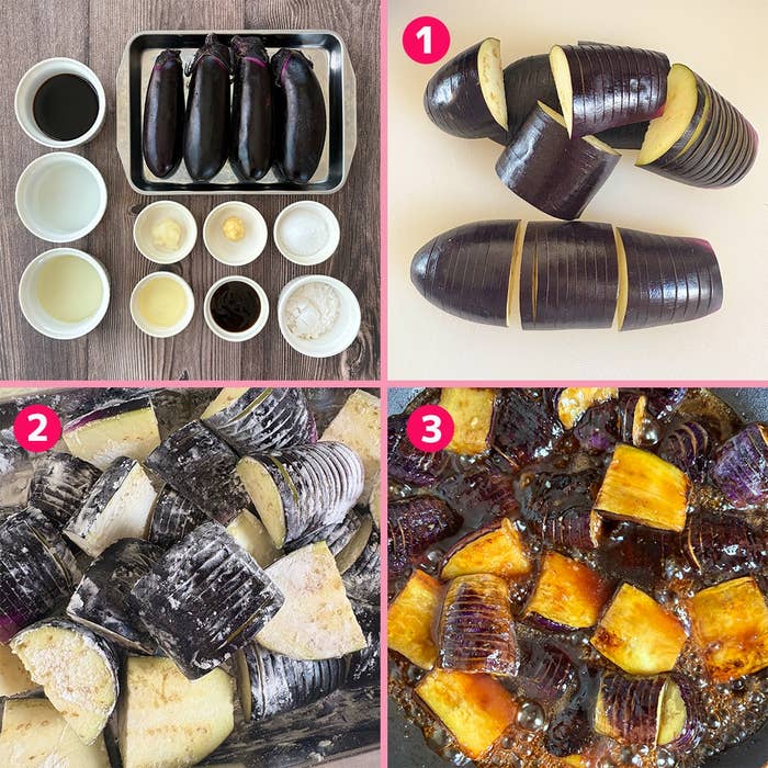 3ステップで作るなすの料理工程。1. なすを切る。2. 切ったなすに片栗粉をまぶす。3. 炒めてたれと絡める。