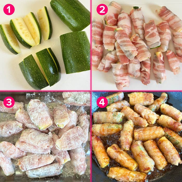 ズッキーニを豚バラ肉で巻き、片栗粉をまぶして焼いた調理過程。ステップ1から4の順に料理が完成する様子。