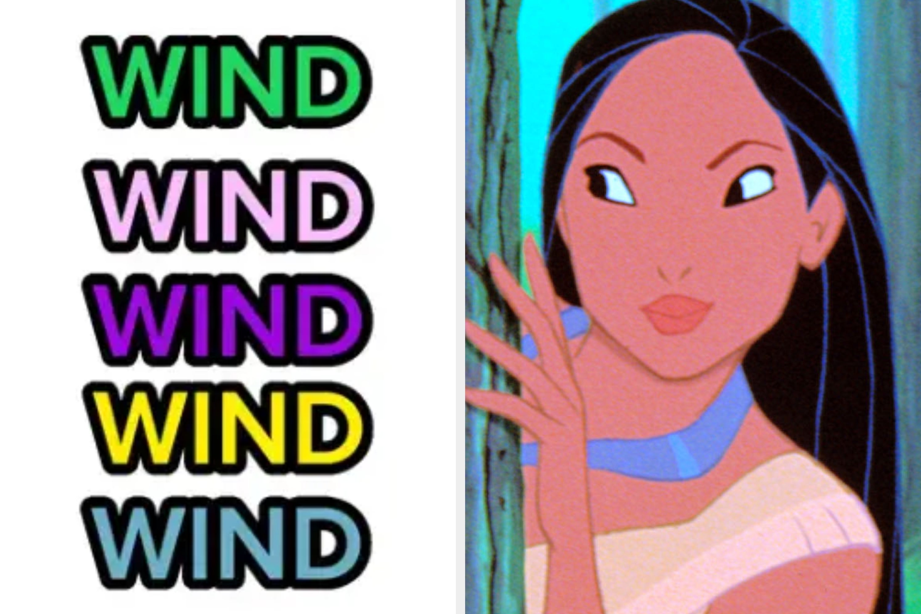 Animated character with concerned expression on left; word "WIND" in various fonts/colors repeated five times on right