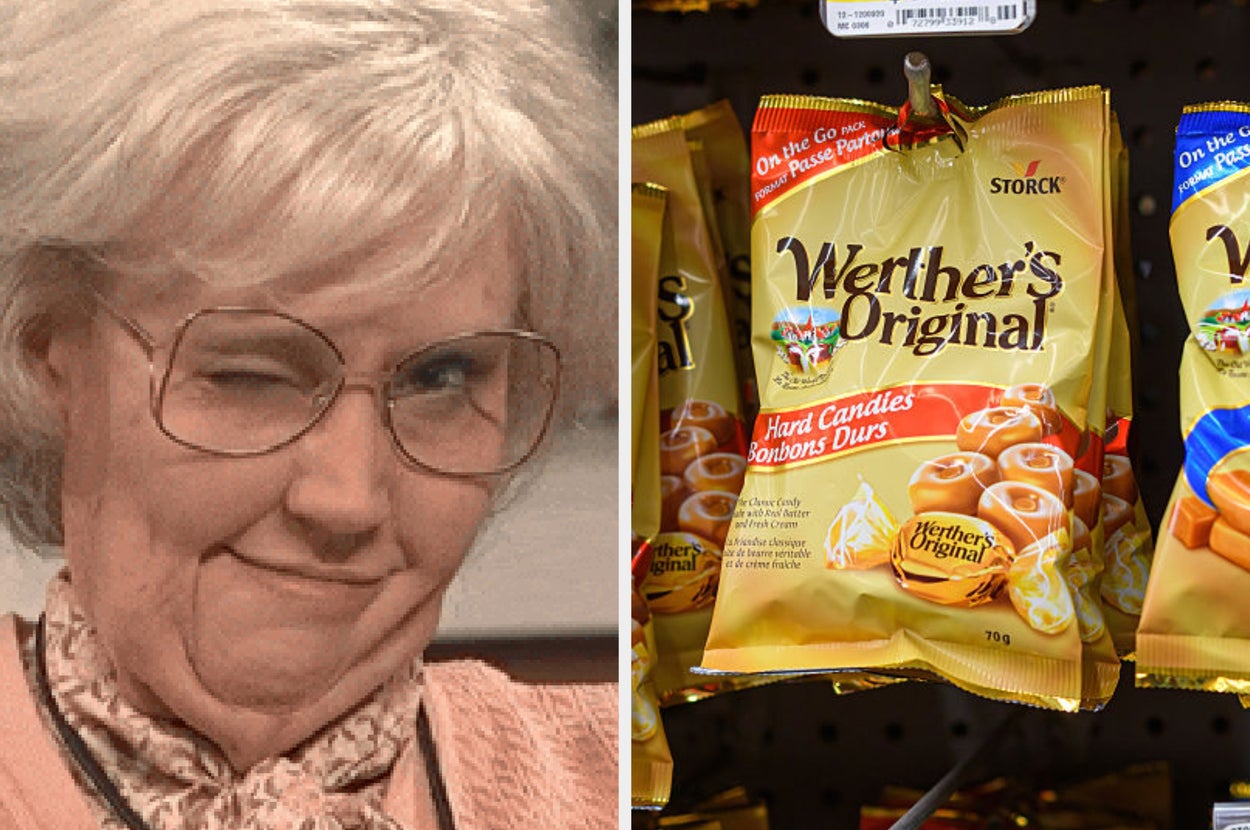 Elderly person winking on left; Werther's Original candy packets on display on right