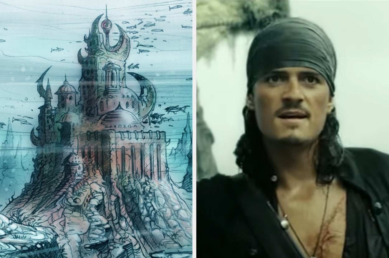 Fantasy castle underwater on the left. On the right, Orlando Bloom in "Pirates of the Caribbean" with long hair and a bandana appears determined and adventurous