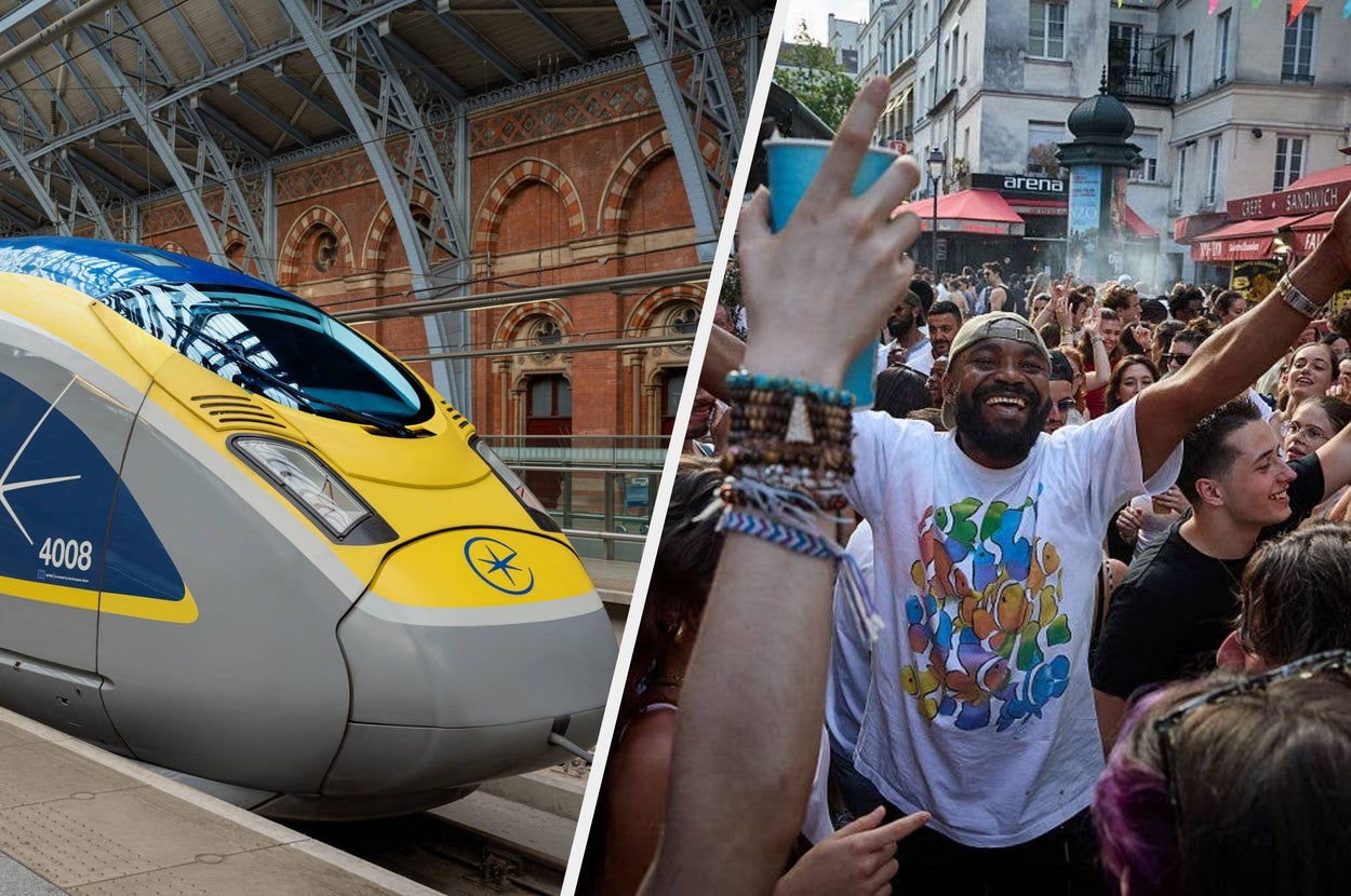 A man enjoys a vibrant public event in a street filled with people, while a Eurostar train is poised at a station, symbolizing travel adventures
