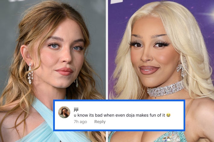 Two women on a red carpet, left in an elegant dress, right in a sparkly outfit; below is a comment saying, "u know its bad when even doja makes fun of it."
