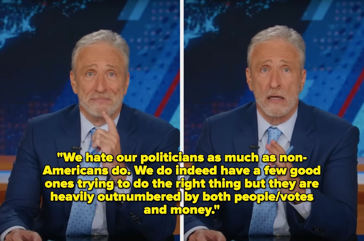 Split image of a man in a suit gesturing while hosting a talk show, with text explaining non-Americans' views on politicians