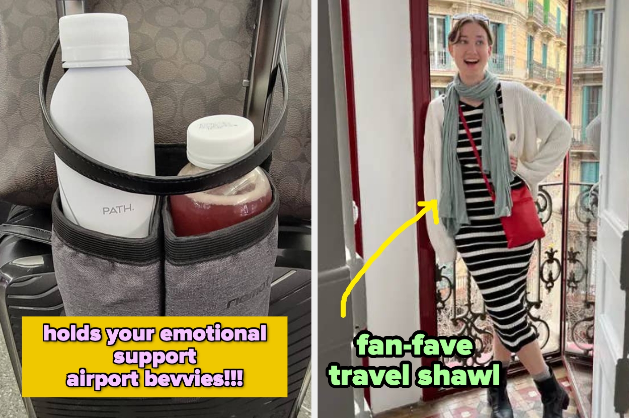 A tote bag holds two bottles. A person stands on a balcony wearing a striped dress, gray scarf, and red bag. Text highlights a fan-fave travel shawl
