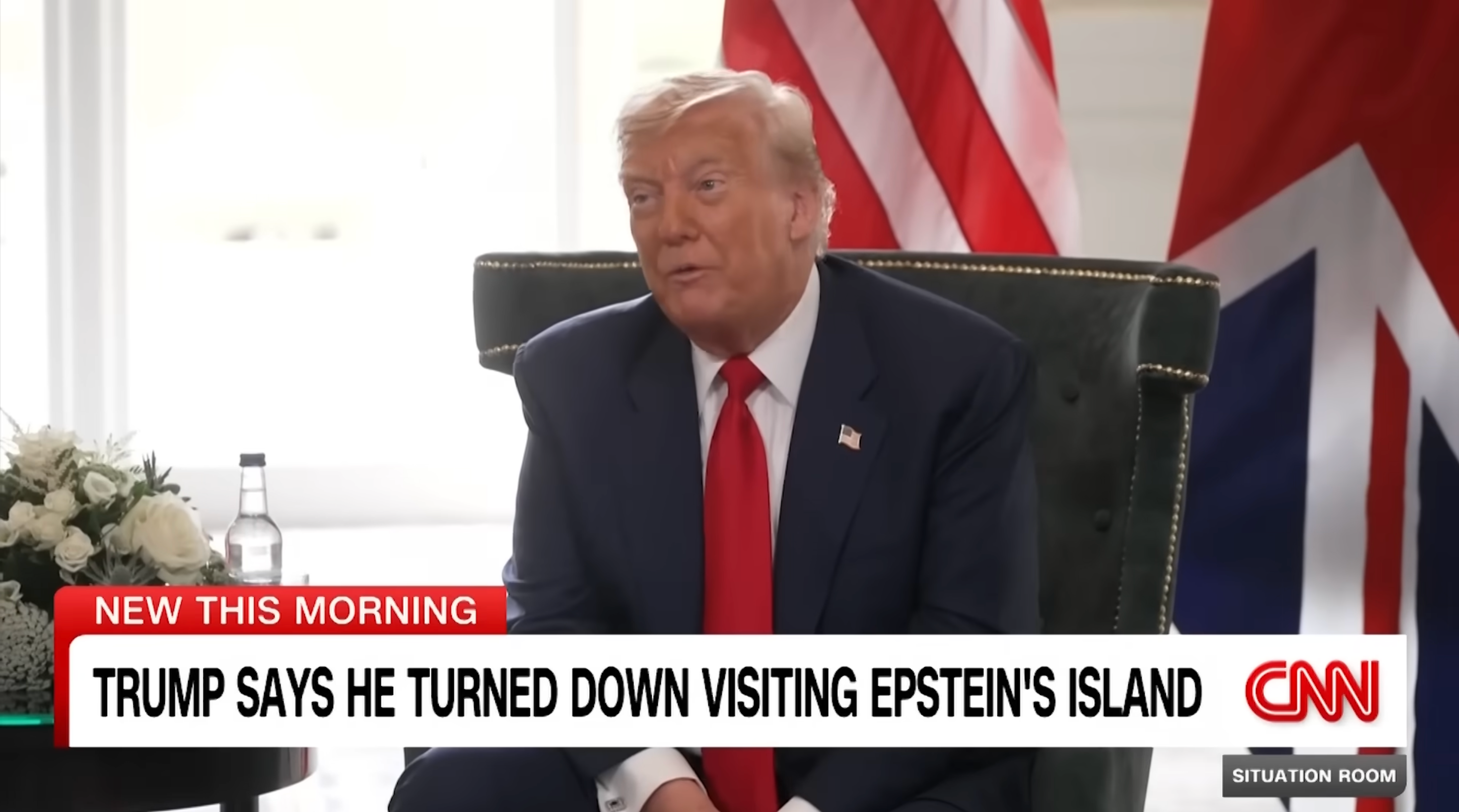 News segment with Trump stating he declined visiting Epstein&#x27;s island. CNN Situation Room text overlay present