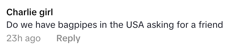 A comment from "Charlie girl" asking, "Do we have bagpipes in the USA asking for a friend," posted 23 hours ago