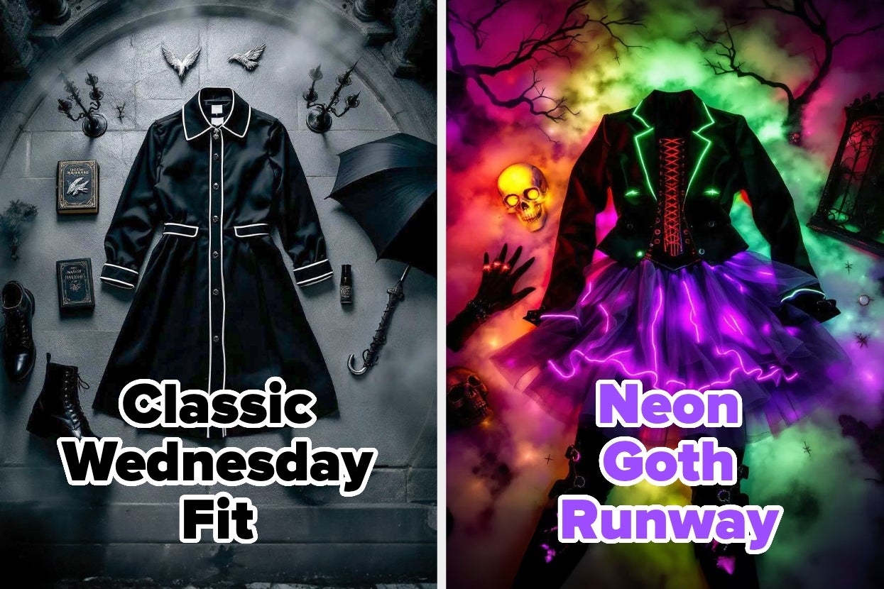 Two outfits: left, black long-sleeved dress with umbrella; right, neon goth ensemble with luminous skirt and corset. Text: "Classic Wednesday Fit" and "Neon Goth Runway."
