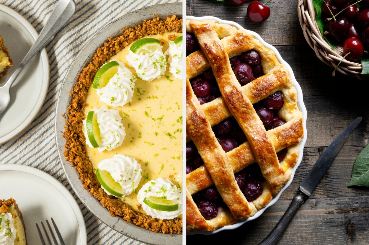 Key lime pie with whipped cream on the left; cherry pie with lattice crust on the right. Plates and utensils nearby
