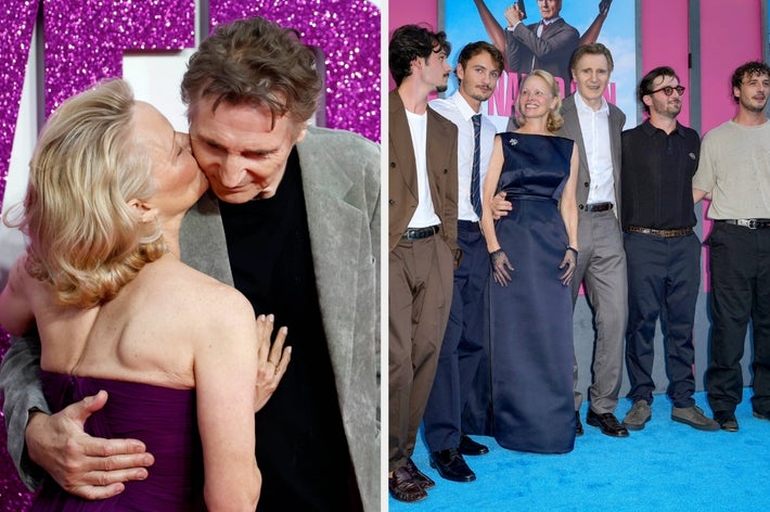 Actress in an elegant gown kisses an actor on the red carpet; group photo with actors in casual and formal attire at an event