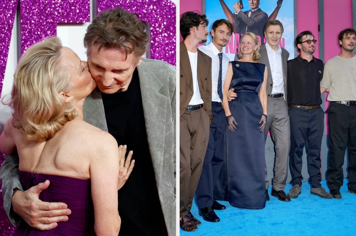 Actress in an elegant gown kisses an actor on the red carpet; group photo with actors in casual and formal attire at an event