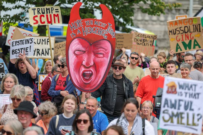 Protesters hold humorous and critical signs, including a cutout mask, at a public demonstration