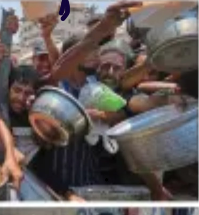 a blurry photo depicting starvation in palestine, at the top of the photo there is a dark blue scribble