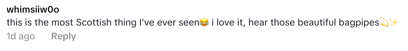 Comment says: “this is the most Scottish thing I’ve ever seen ? I love it, hear those beautiful bagpipes ✨” with emojis