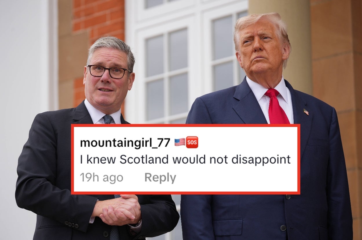 Two individuals in suits stand outside a building. A social media comment overlay reads: "I knew Scotland would not disappoint."