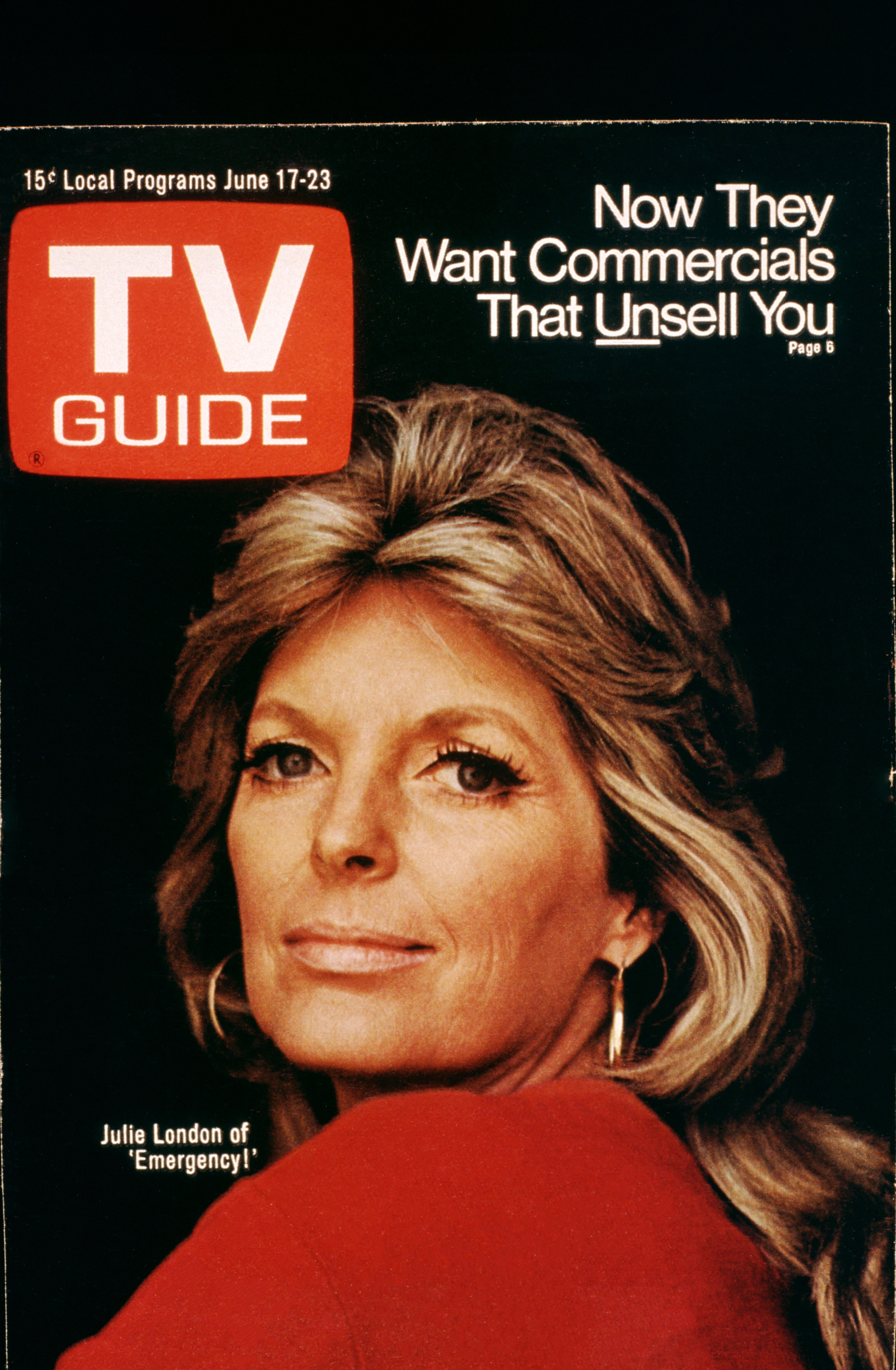 Magazine cover featuring Julie London in a poised pose, wearing an elegant outfit. Headline reads about commercials. TV Guide issue from June 17-23