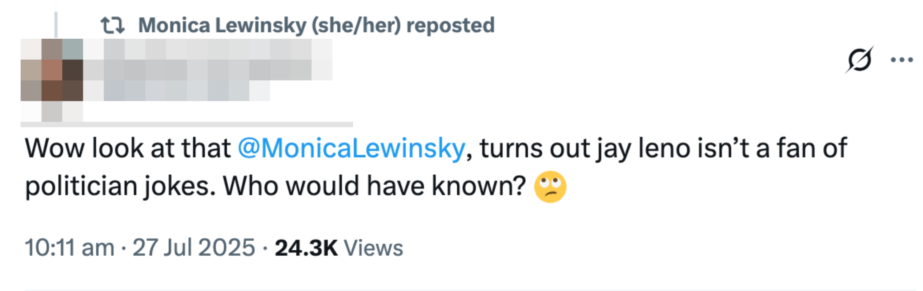 Tweet by Brandon Farmahini mentions Monica Lewinsky and a remark about Jay Leno&#x27;s disinterest in politician jokes, ending with a sarcastic emoji