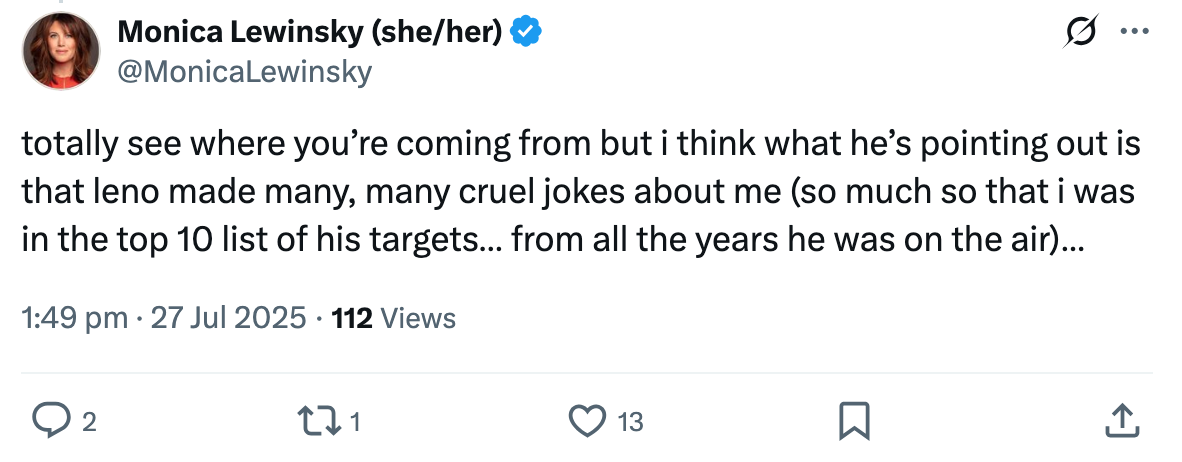 Monica Lewinsky tweets about being frequently targeted by Jay Leno&#x27;s jokes during his time on air
