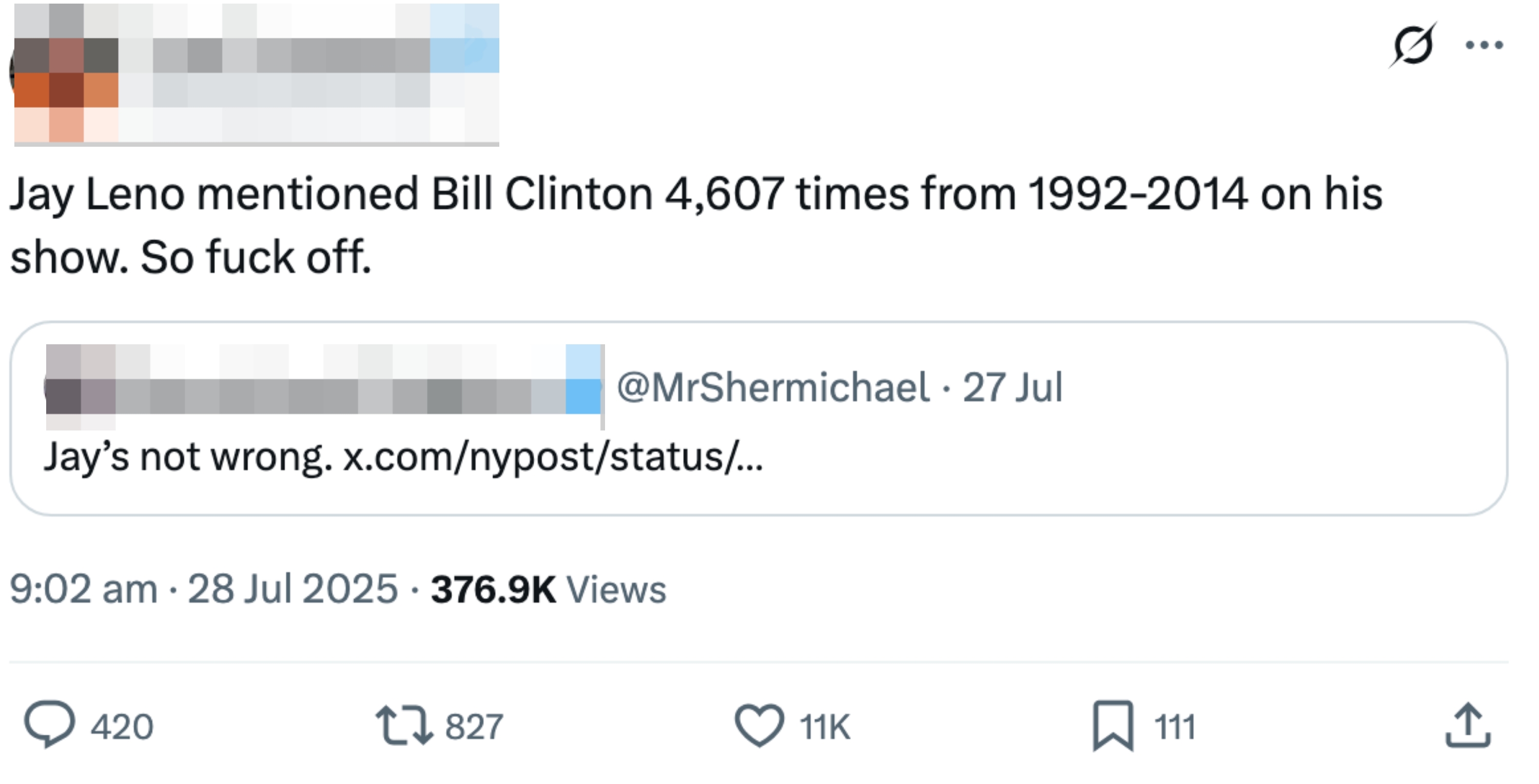 Tweet from Tony Posnanski stating Jay Leno mentioned Bill Clinton 4,607 times and ending with &quot;So fuck off.&quot;