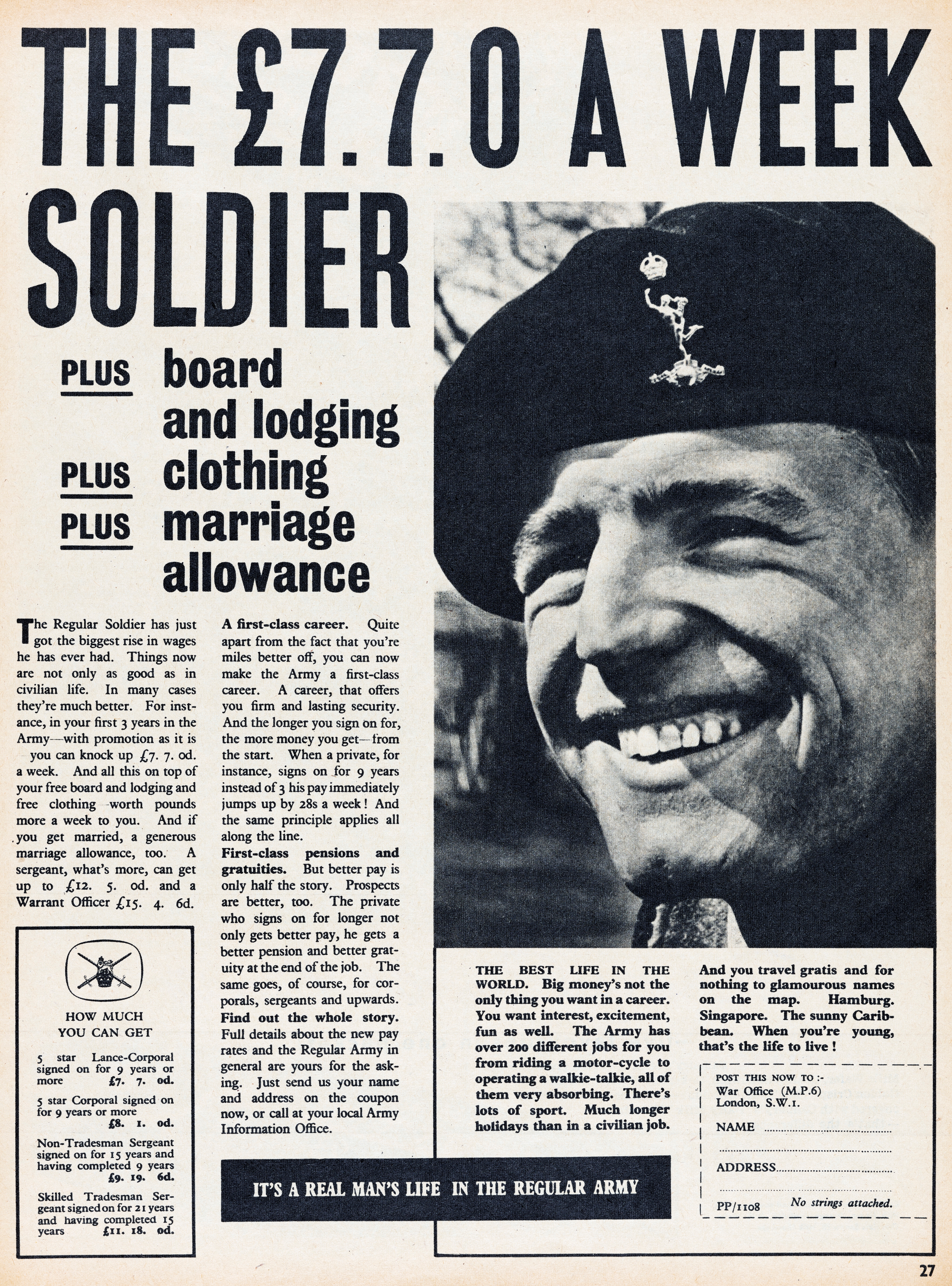 Vintage army recruitment ad highlighting weekly pay, benefits like board, lodging, and marriage allowance. Encourages joining for a fulfilling career