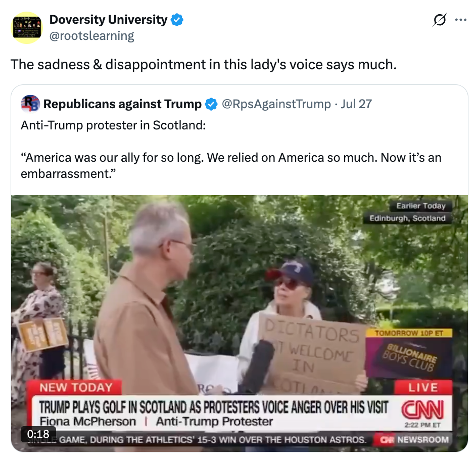Image of a CNN news segment featuring an anti-Trump protest in Scotland. Protester holds a sign, and text describes sentiment of embarrassment with America
