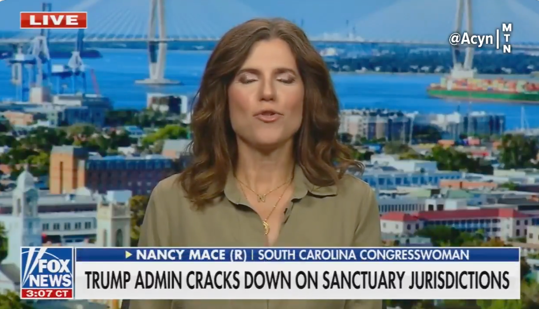 A woman is speaking on a live news broadcast, identified as a South Carolina congresswoman discussing sanctuary jurisdictions