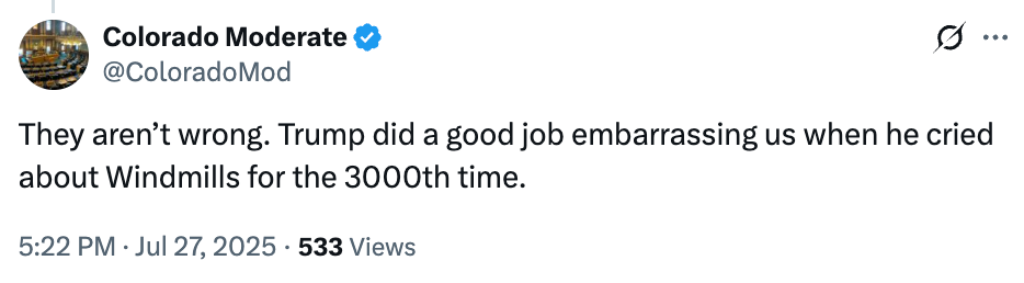 Screenshot of a tweet criticizing Trump for repeatedly complaining about windmills, suggesting it was embarrassing