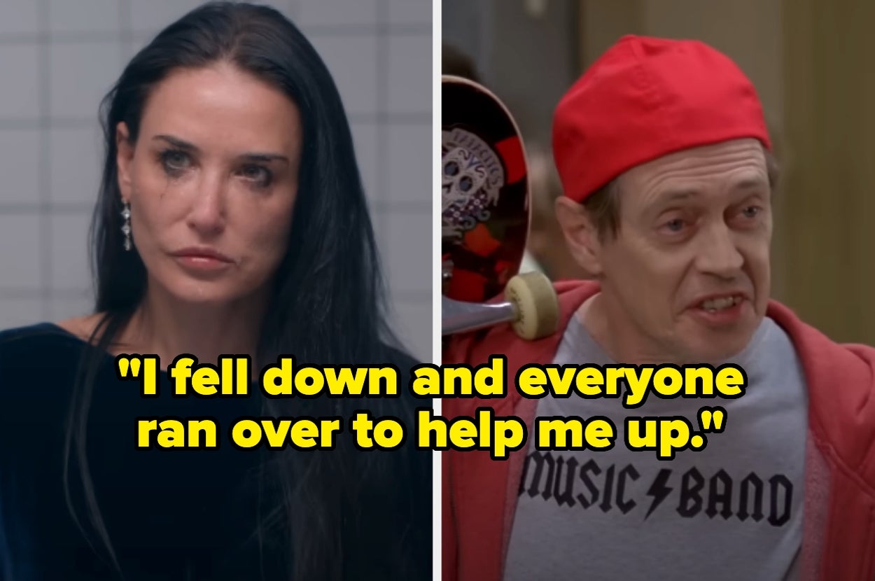 Two images: A woman looks serious; a man in a red cap holds a skateboard. Overlaid text: "I fell down and everyone ran over to help me up."