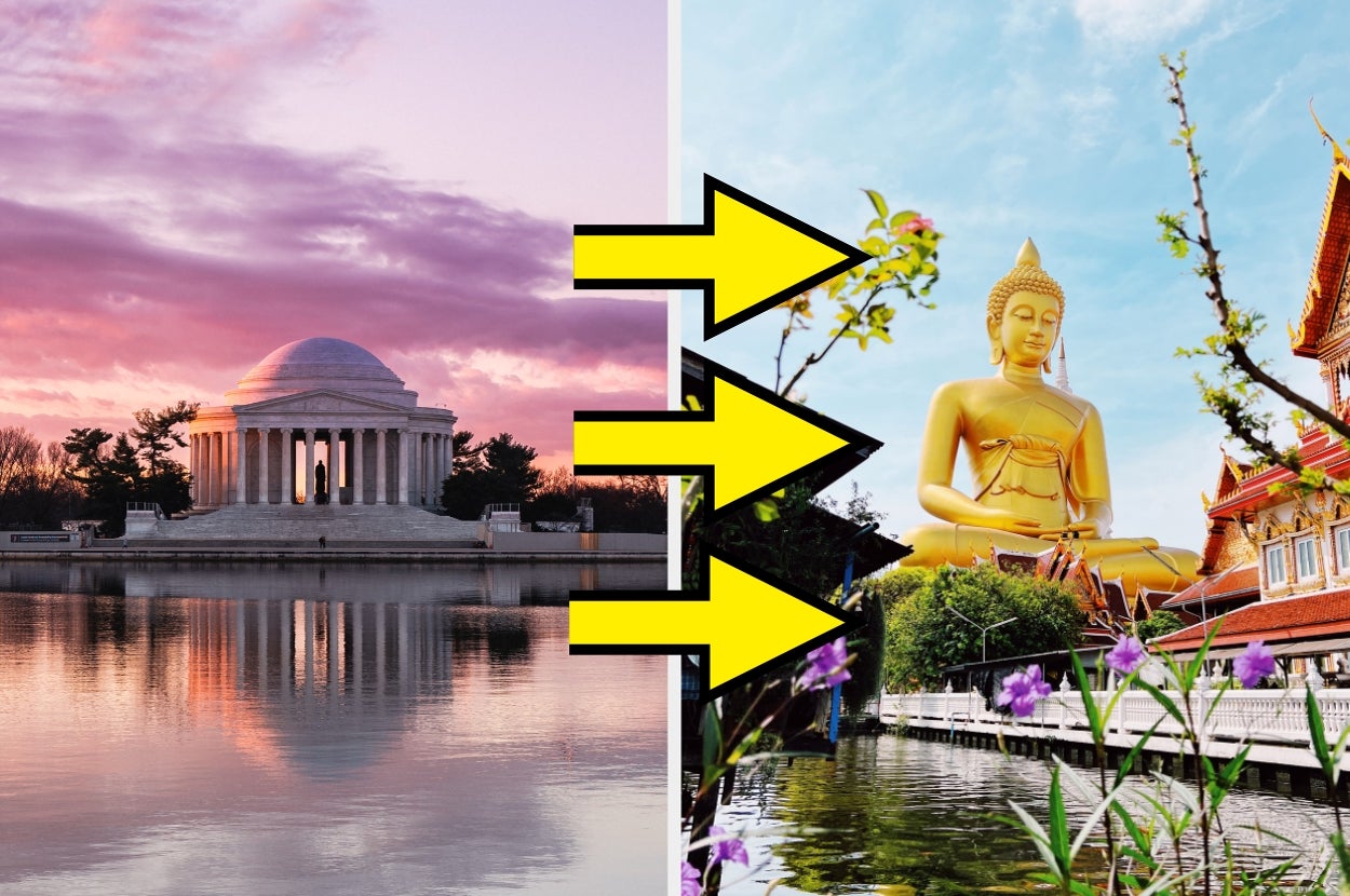 Split image: Jefferson Memorial on the left; large golden Buddha statue with yellow arrows pointing right on the right