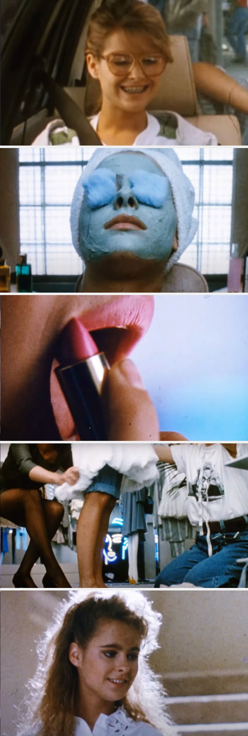 Katie in glasses, with her hair up and with braces, at the start of the film, during her makeover, and then afterward, with her hair down and no glasses or braces