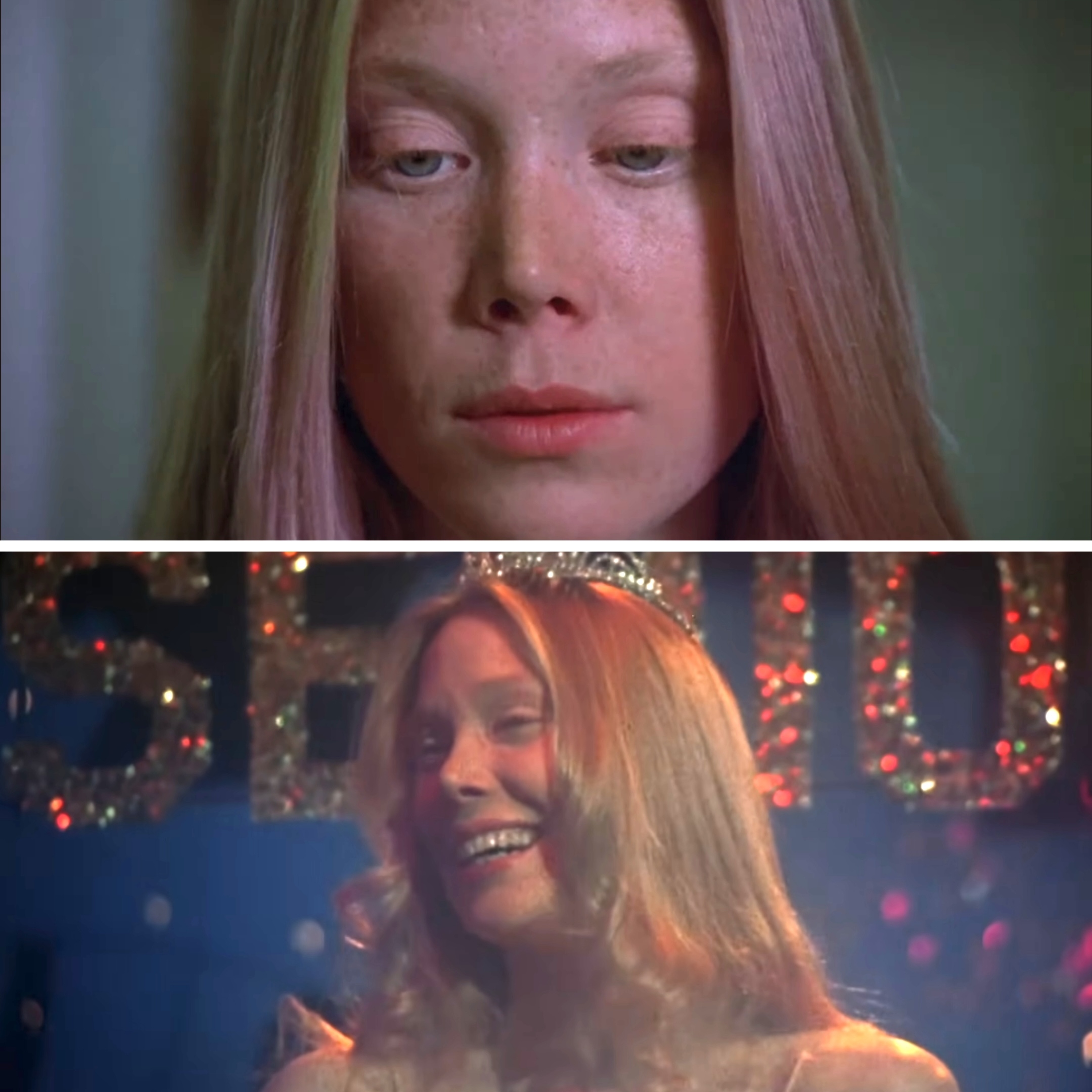 Sissy as Carrie in the film, then later at prom