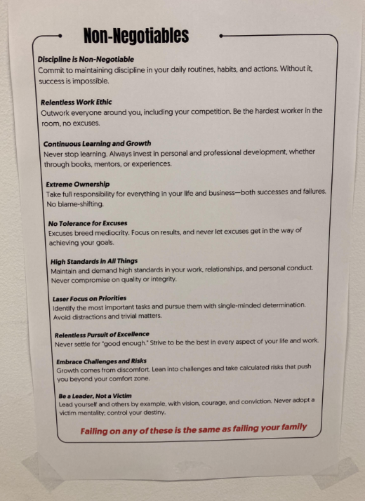 Non-negotiables list focused on discipline, work ethic, ownership, no excuses, setting high standards, relationships, and continuous learning