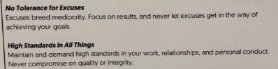 Non-negotiables list focused on discipline, work ethic, ownership, no excuses, setting high standards, relationships, and continuous learning