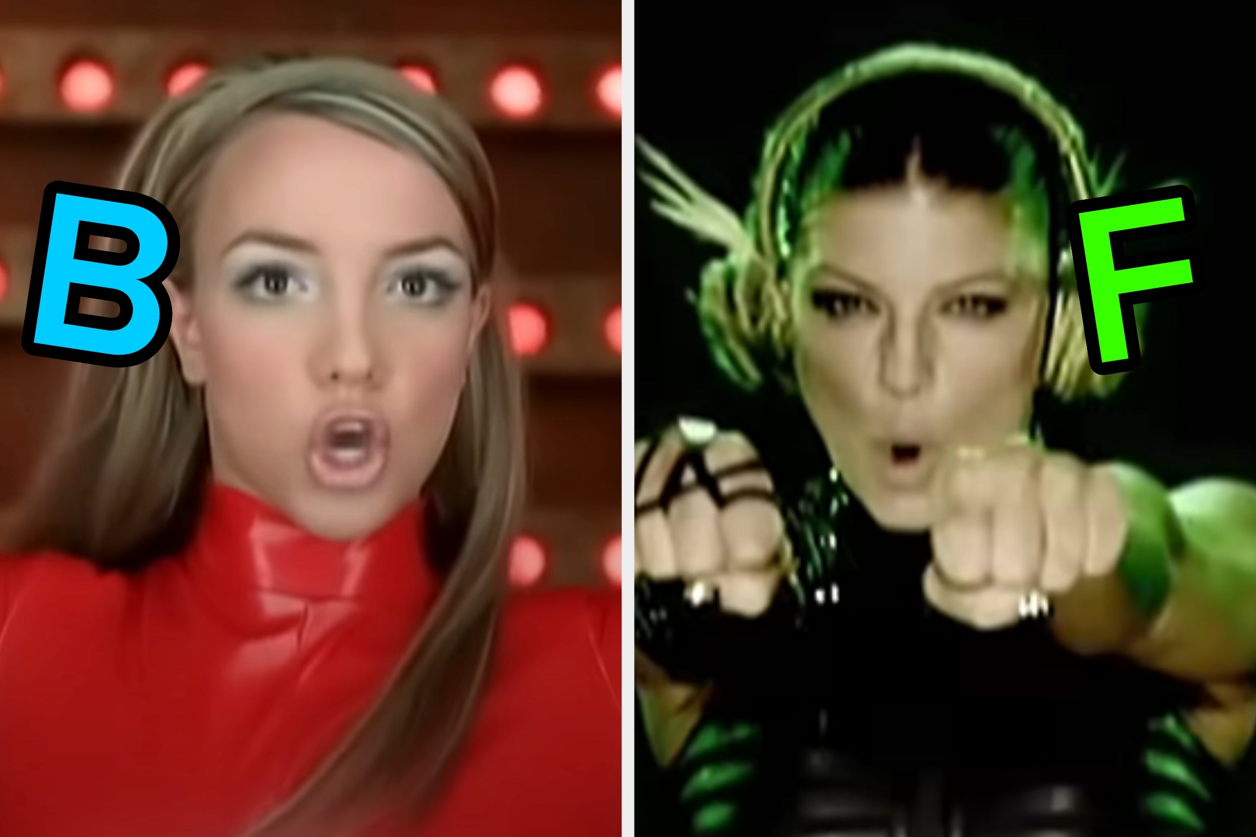 On the left, Britney Spears in the Oops I Did It Again music video labeled B, and on the right, Fergie in the Black Eyed Peas' Boom Boom Pow music video labeled F