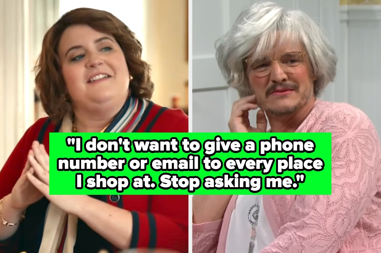 Split image: Left shows a person smiling; right shows an older person with white hair. Text reads, "I don't want to give a phone number or email to every place I shop at. Stop asking me"