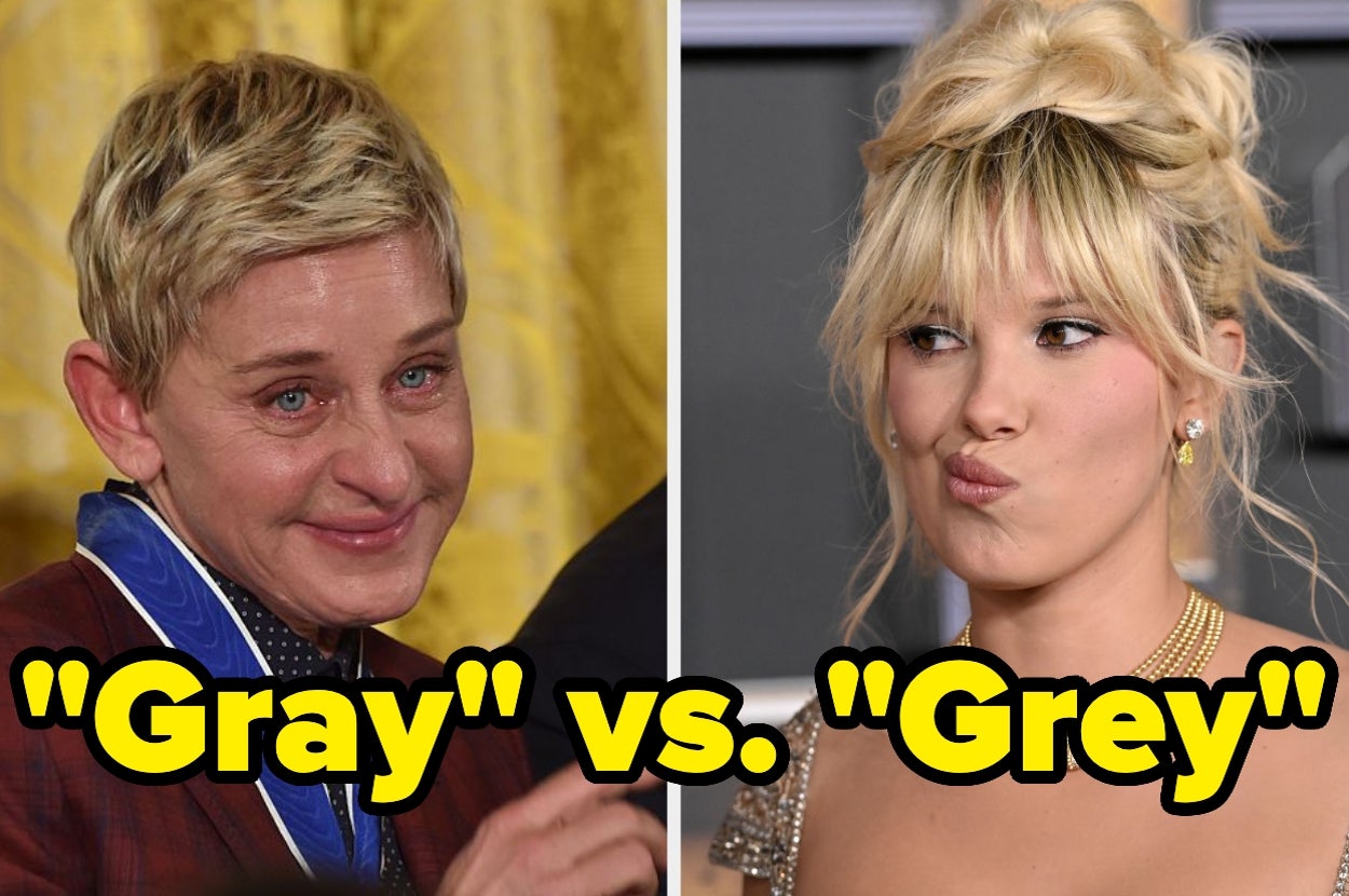 Two individuals stand side by side with the text "Gray vs. Grey" overlaying them