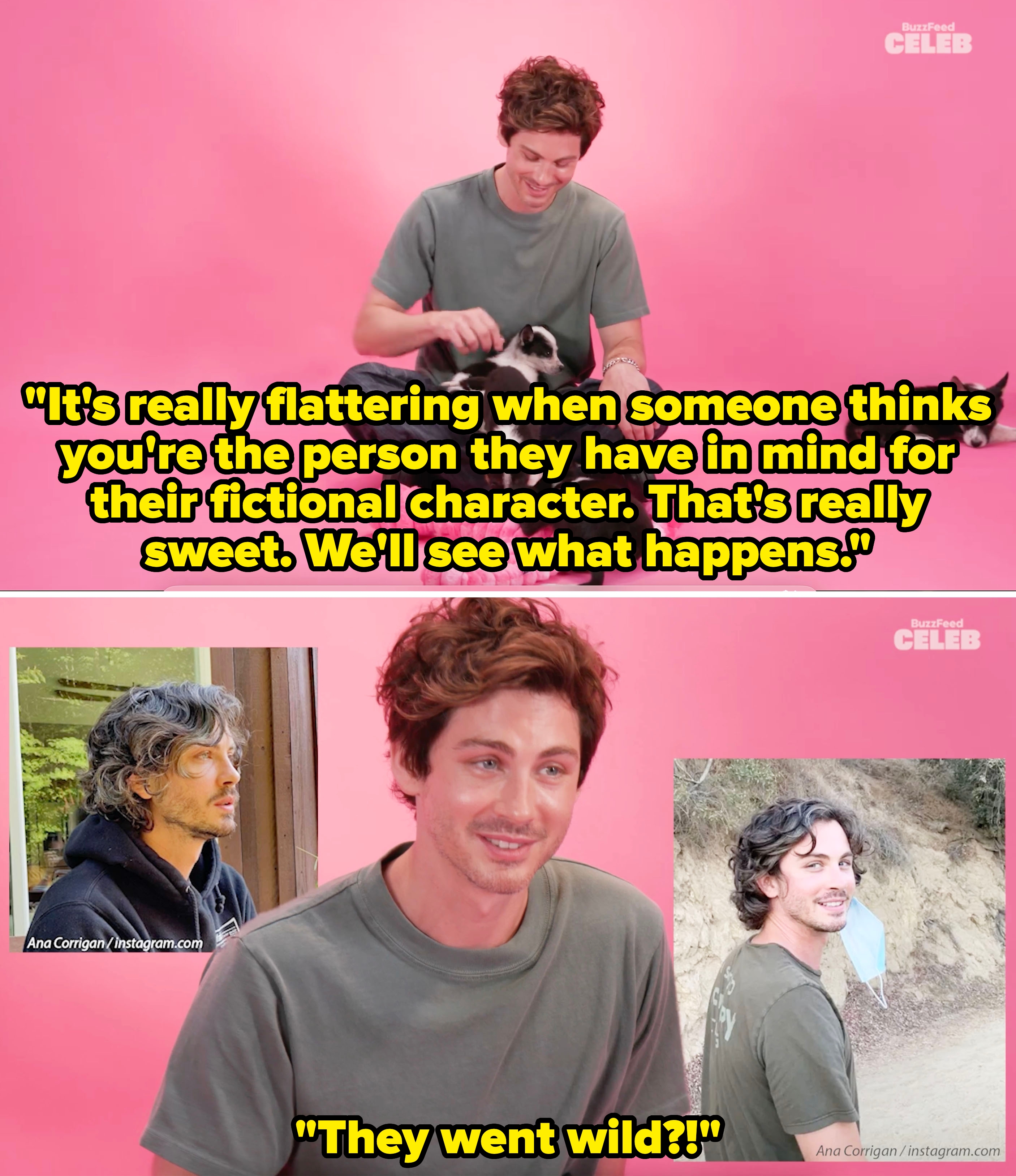 Logan saying he's always flattered when hearing about fan castings, and then Logan reacting to photos of himself with salt and pepper hair